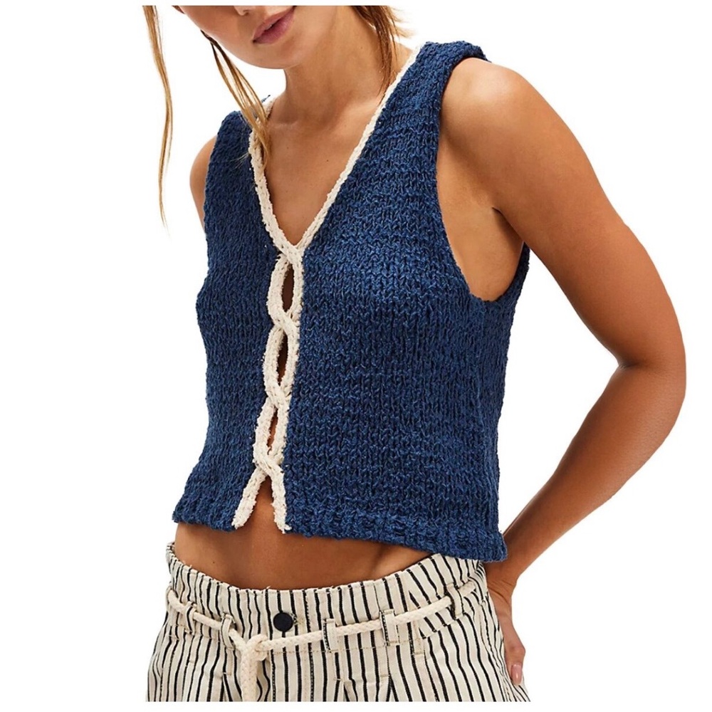 Free People Sicily Sweater Shell Navy Blue With White Detail Size XL